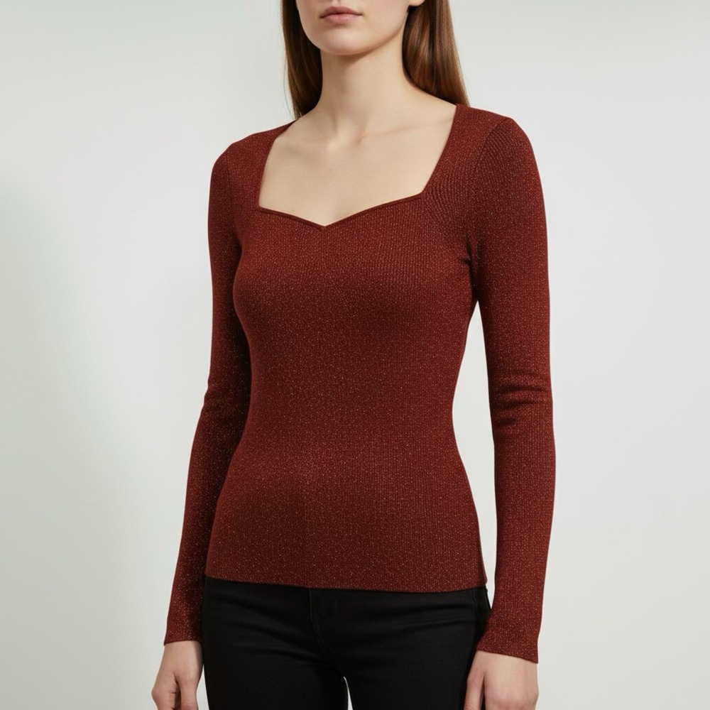 Rust Red Metallic‎ Shimmer Sweetheart Neck Sweater Large Rock Style Girly